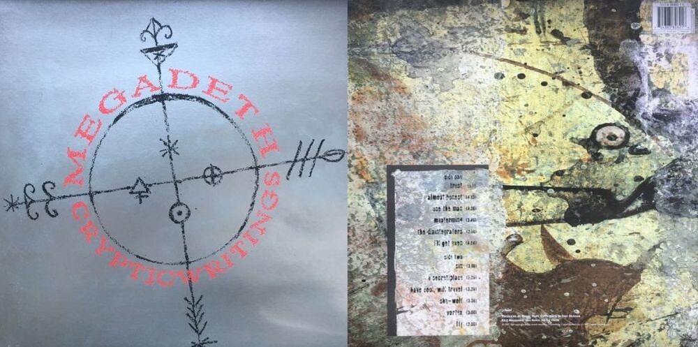 Когверт английского винилового выпуска альбома Megadeth "Cryptic Writings", 1997 г. в двух сторон