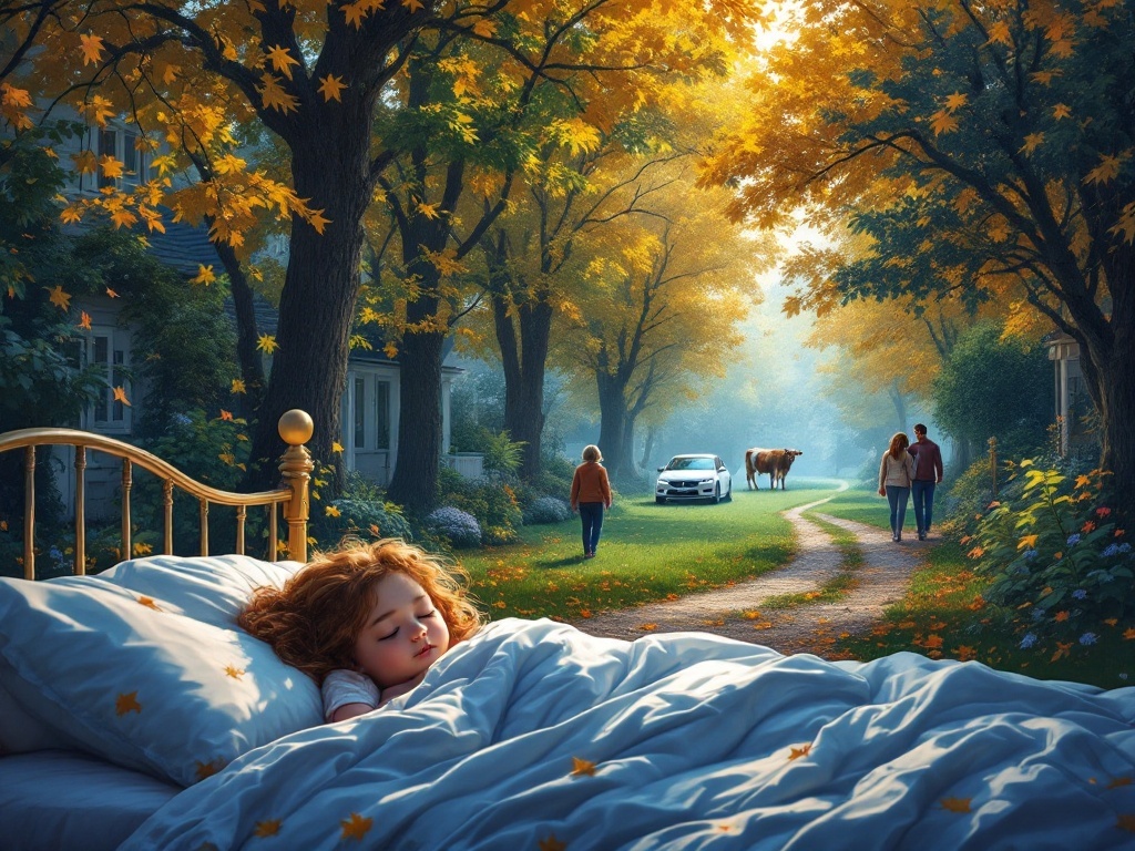    К чему такое снится: На картине изображена сцена в деревне: родственники гуляют по аллее, ведущей в заслоненный осенними желтыми листьями лес. Позади них, на зеленом огороде, видна белая