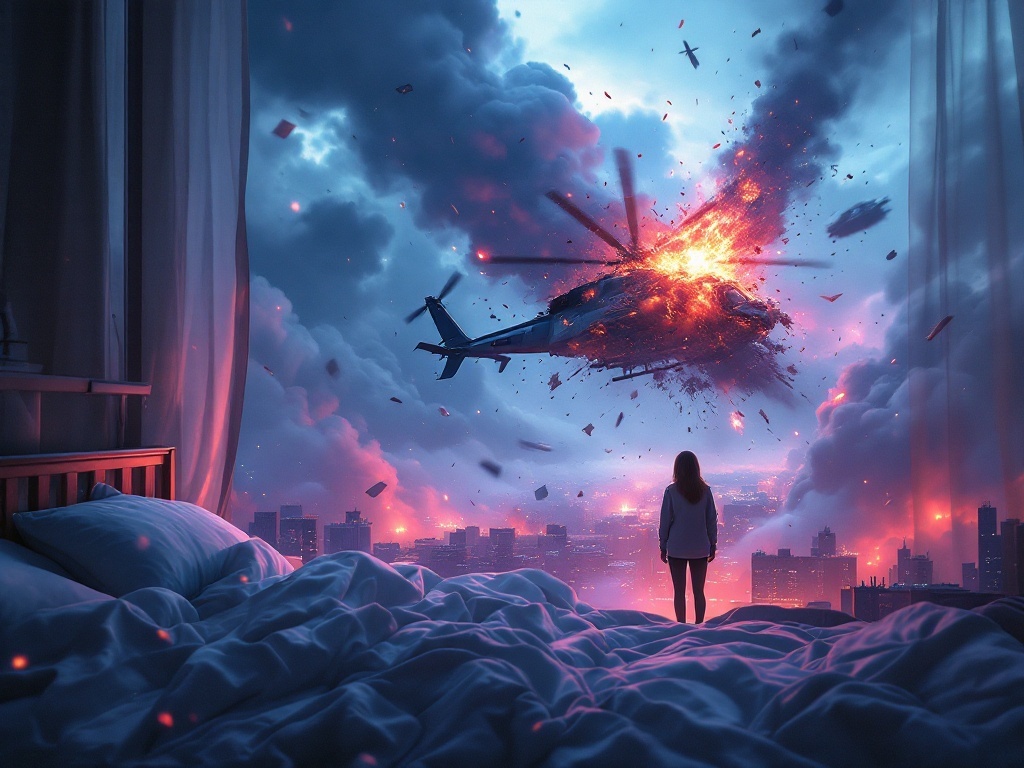   К чему такое снится: На картине изображена катастрофа санитарного вертолета, взрывающегося в воздухе над городом Кировом. На переднем плане стоит человек, смотрящий на падающие обломки в