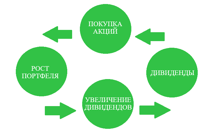 Дивиденды → Покупка акций → Рост портфеля → Увеличение дивидендов
