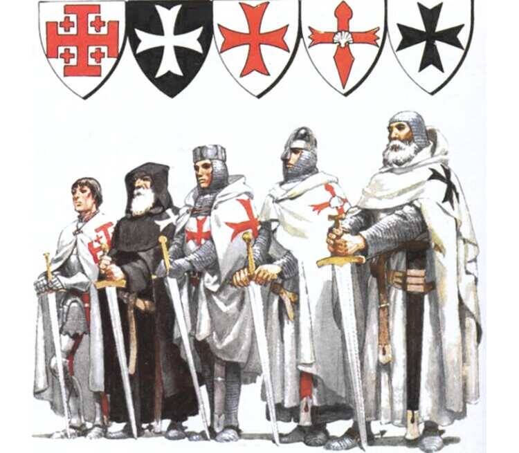Рыцарские ордена и соответствующие одеяния: орден Гроба Господня, Иоанниты или Мальтийский орден, орден Тамплиеров, орден Святого Иакова, Тевтонский орден (слева-направо).
