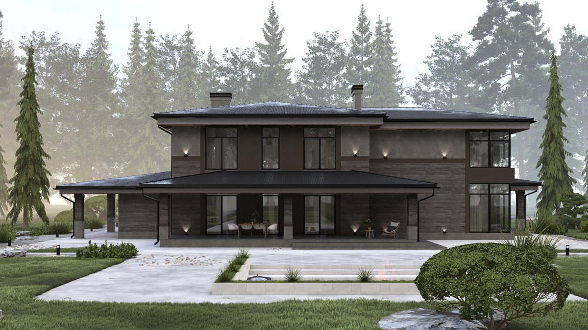 Проект стильного загородного дома выполнен по мотивам архитектуры Фрэнка Ллойда Райта.