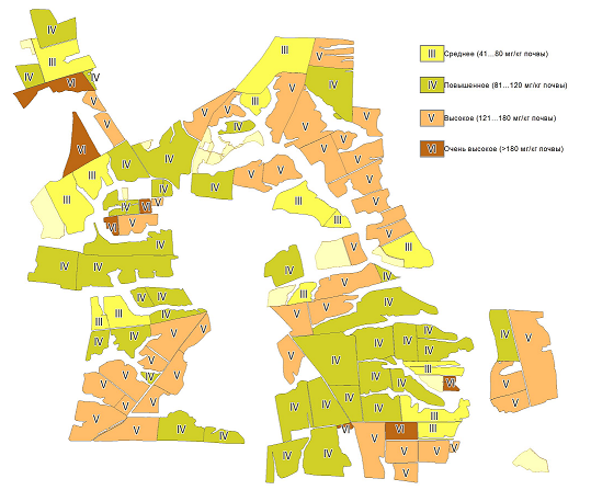 Картограмма содержания  обменного калия ОАО Роговатовская Нива 2012 г.