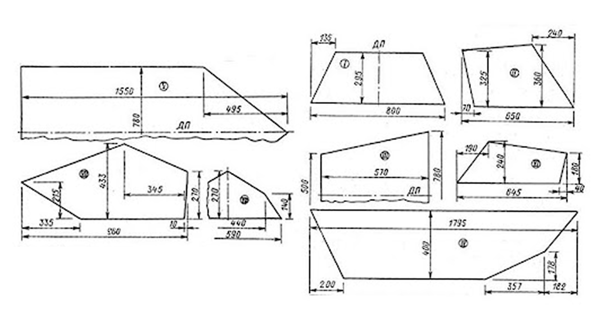 Пример чертежа лодки, именно такие части можно выпилить из листов ПНД 