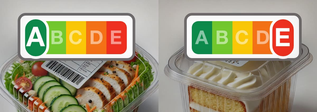 Салат с рейтингом A и торт с рейтингом E.