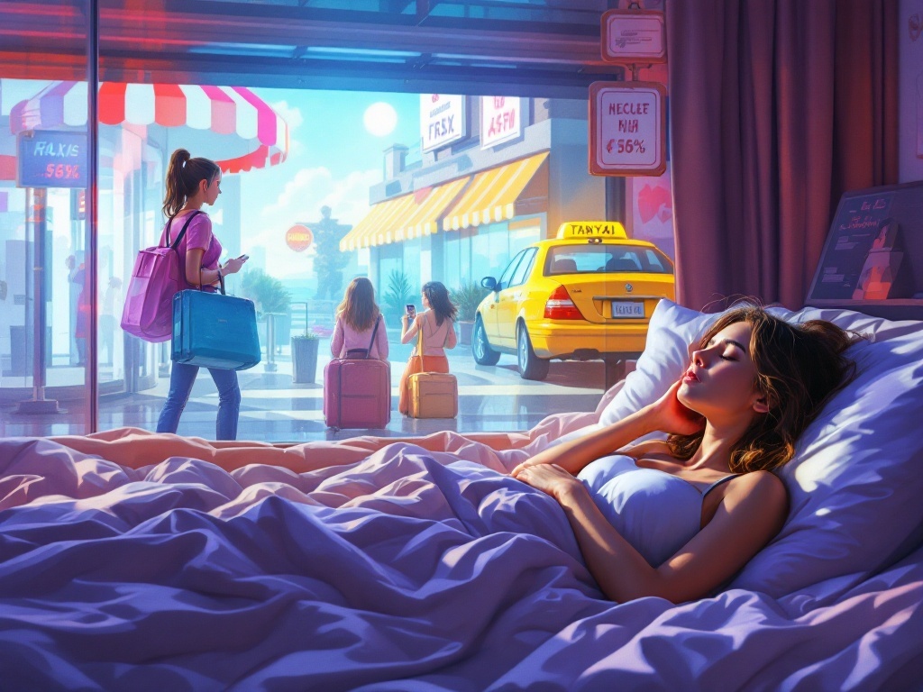    К чему такое снится: На картине изображены две женщины стоящие с чемоданами под ярким солнечным светом возле входа в торговый центр. На фоне автомобиль такси и знак с высокой ценой. Рядо