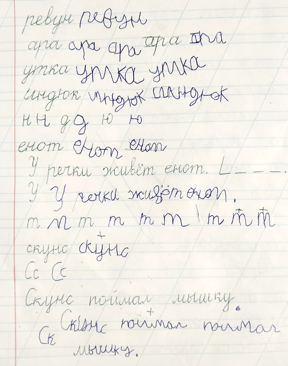 Сеня уже неплохо справляется со списыванием целых предложений. 