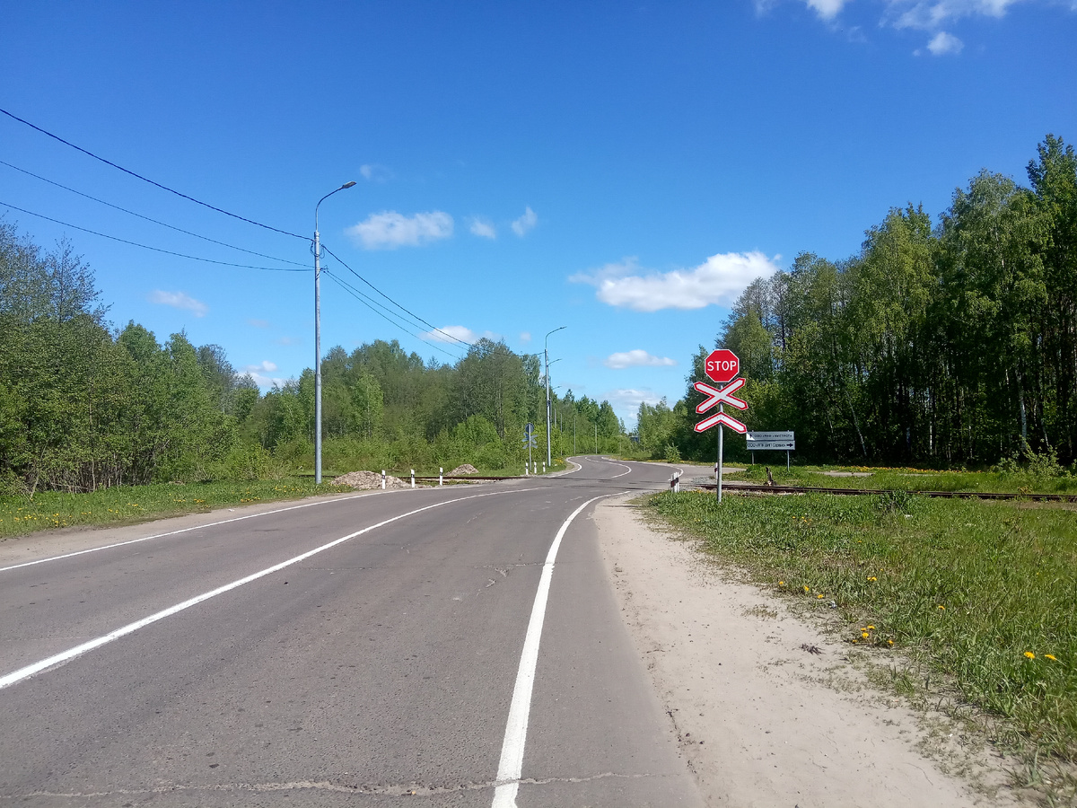 Собственно, переезд. Налево - путь ведет на местный, кажется, химзавод. Как-то даже туда тепловоз что-то отвозил на моей памяти, но в тот майский день мне не повезло. Да, я лишь пейзажи с жд и поснимала.