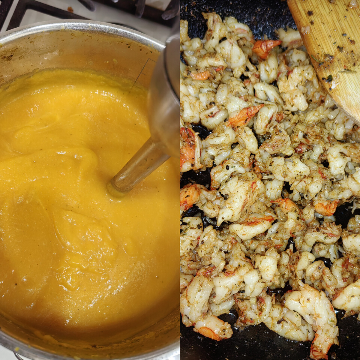 Овощи сварила и блендером пробила в пюре, плюс добавила жареные креветки.