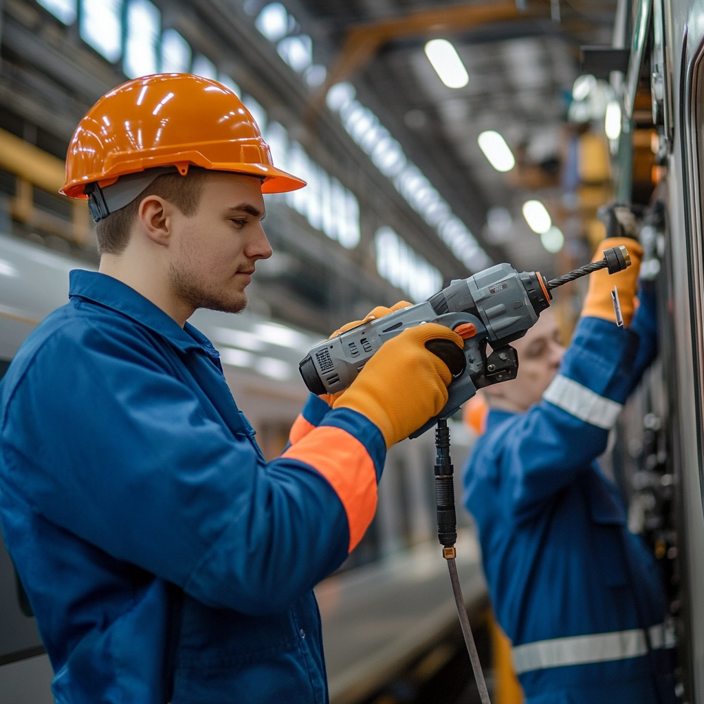 Молодой рабочий учится сверлить. Фото fb8.