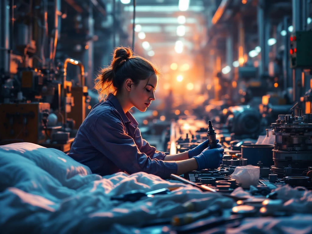    К чему такое снится: На картине изображена работница на производственной линии крупного завода, которая собирает оборудование. В её руках запчасть, покрытая черной антикоррозийной смазко