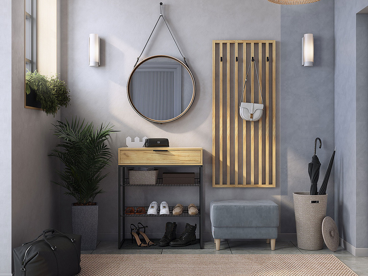 На вешалке с крючками можно хранить повседневную верхнюю одежду и сумки, а просторные полки позволяют расположить всю необходимую обувь.