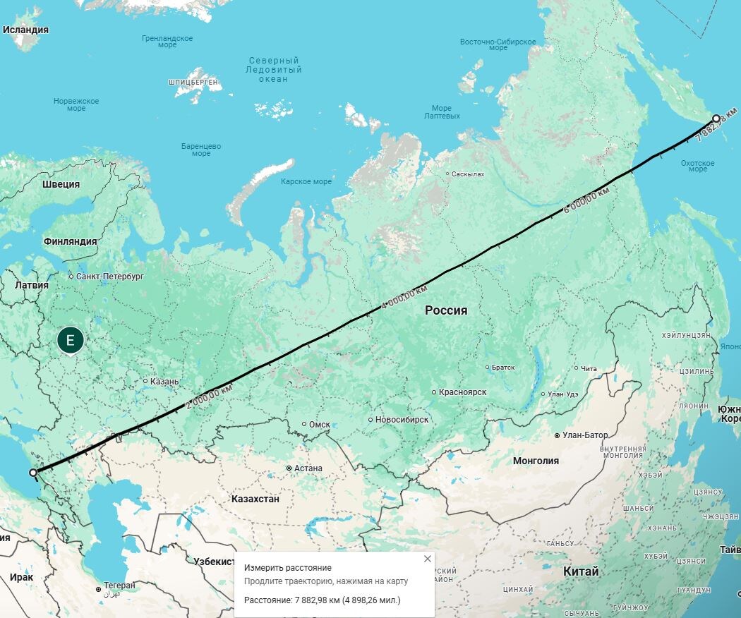 Расстояние от Адлера до мыса Лопатка составляет более 7880 км (Режим глобуса)