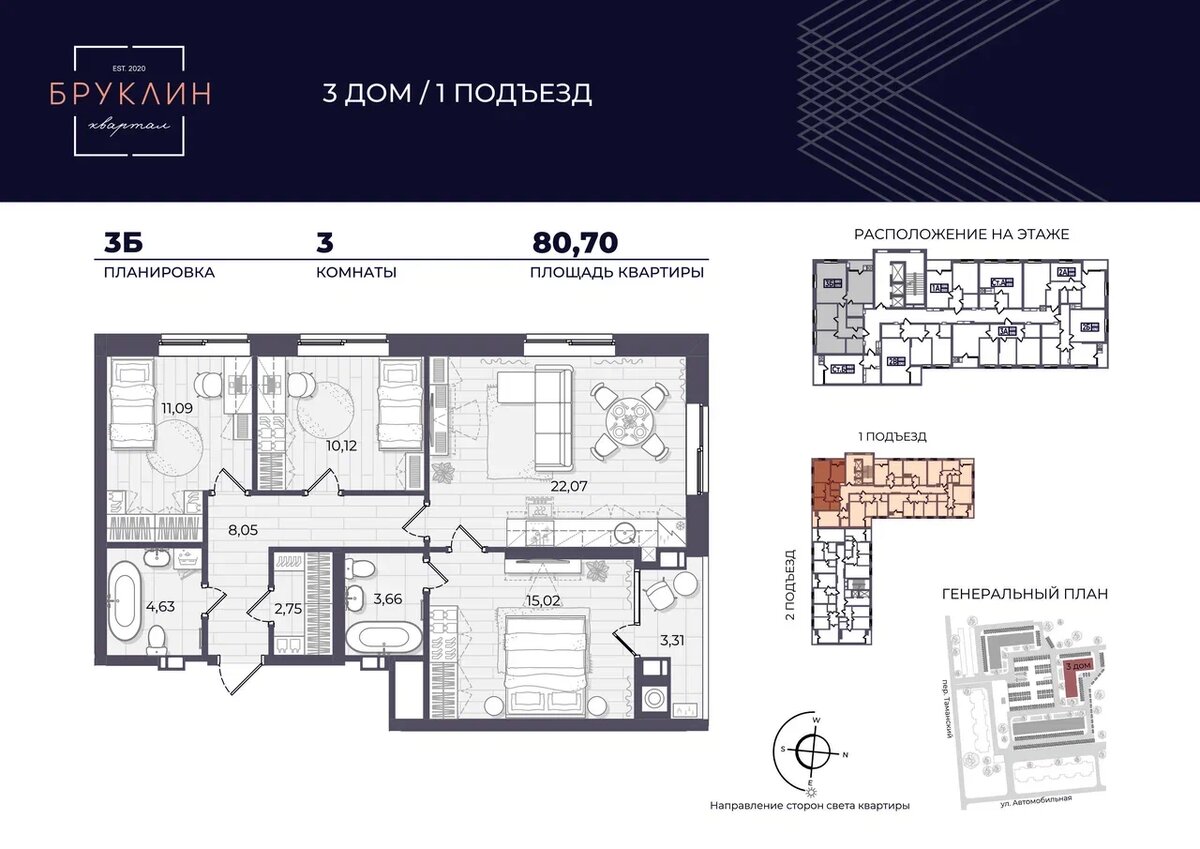 ЖК "Бруклин" планировка 3Б, 3 дом.