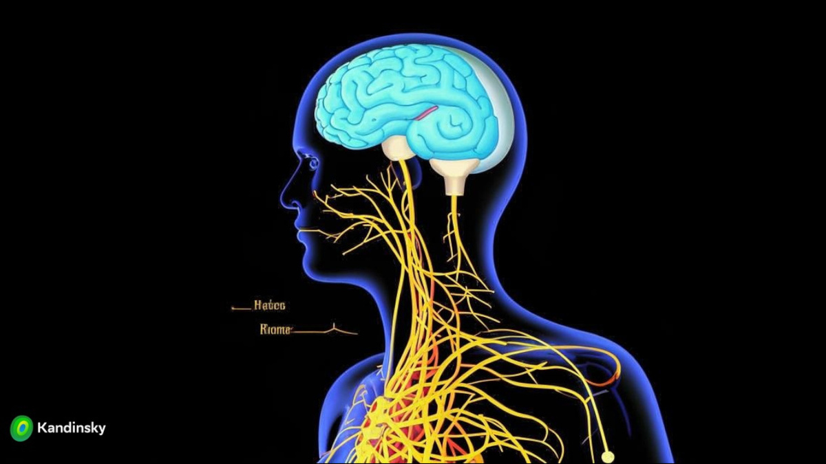 Художественное изображение нервной системы человека (создано с помощью нейросети Кандинский).