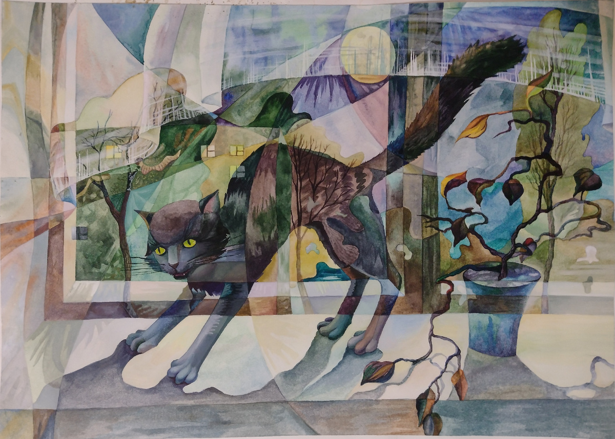 Лунный кот. Акварель 