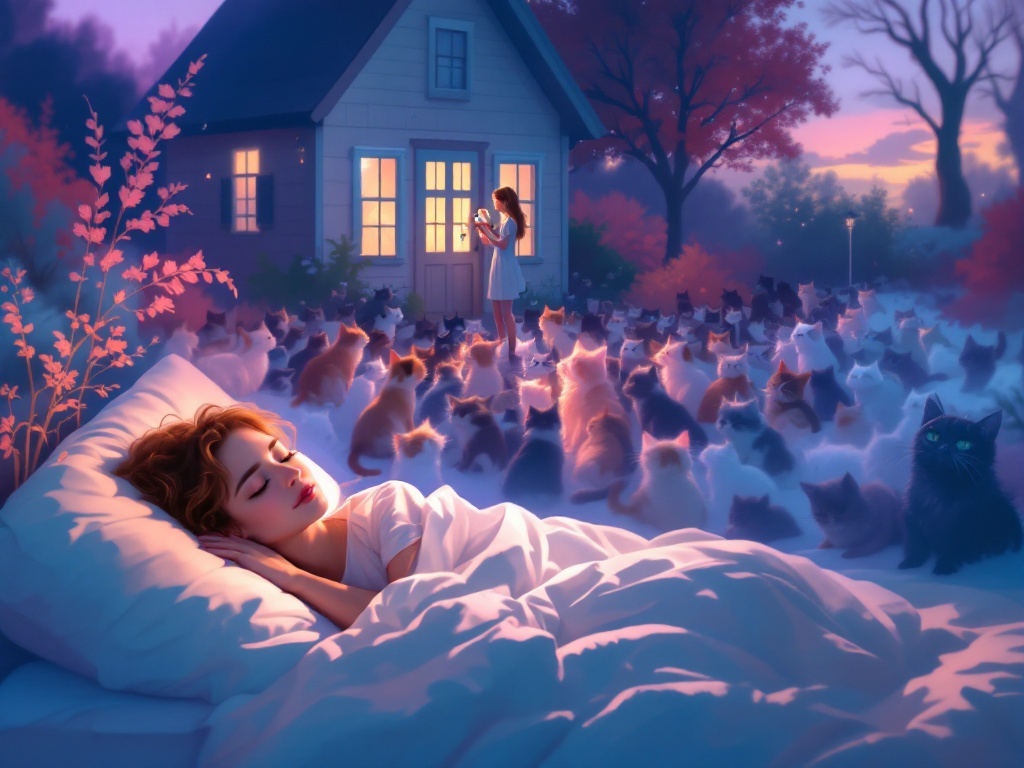    К чему такое снится: Художник изображает женщину, стоящую у дома, держащую в руках и кормящую из бутылки маленького котенка. Вокруг нее собралась толпа кошек и котят, которые внимательно