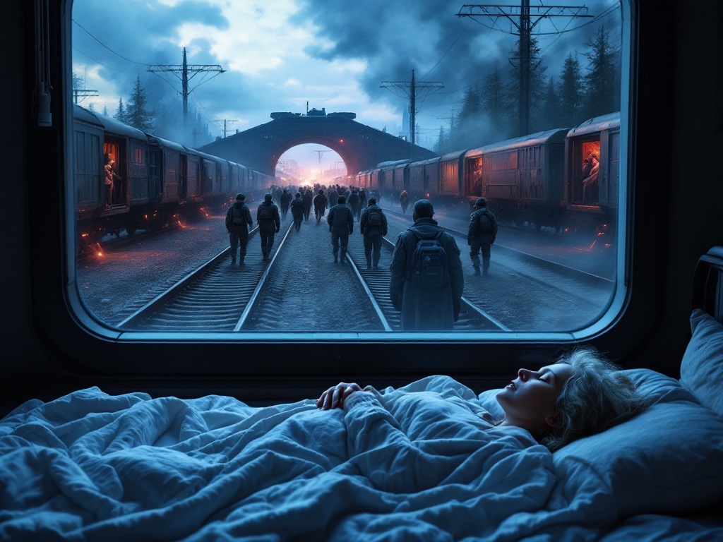    К чему такое снится: На картине изображена большая железнодорожная станция с рельсами и открытыми вагонами. Люди в серой одежде, среди них старушка, загружаются в вагоны под присмотром с