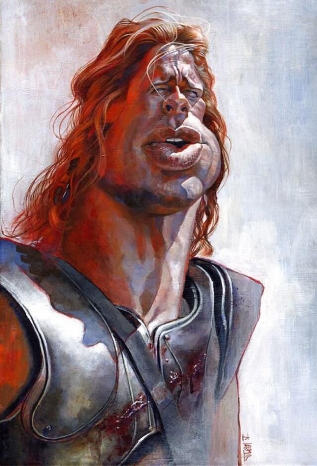 ШАРЖ ОТ ХУДОЖНИКА ДЖОТА ЛИЛА / JOTA LEAL НА  КИНОАКТЕРА БРЭДА ПИТТА Ф ФИЛЬМЕ " ТРОЯ "