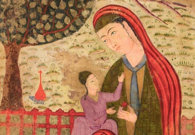 Интересная персидская миниатюра. Иса и Марьям. У Марьям в руке финик.