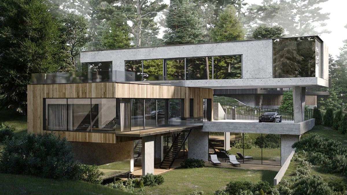 Трехуровневая резиденция «‎Эксцентрум» с асимметричной формой. V-образная опора поддерживает вылет с террасой, а внизу есть лаундж-зона, чтобы наслаждаться отдыхом под журчание ручья. Площадь здания: 667 м², участка: 23,76 сотки