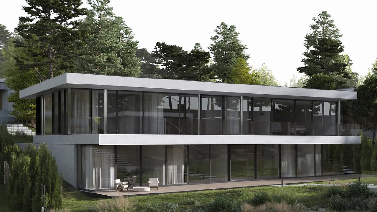 Воздушная резиденция «‎Оксиджен». Ее окна смотрят на ручей, а на другом берегу композицию уравновешивает летняя терраса-патио. Можно сидеть там и любоваться на свой дом. Площадь здания: 585 м², участка: 22,9 сотки