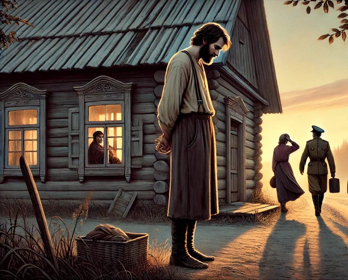 Герасим стоит погружённый в печальные размышления. В это время Татьяа уходит вдаль вместе с Капитоном, символизируя её отдаление от прежней жизни.