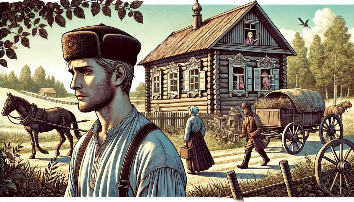 Герасим изображён на переднем плане, его взгляд и осанка передают внутреннюю боль. На фоне Татьяна и Капитон.