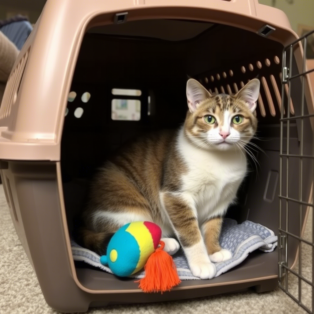 Кошка спокойно сидит в переноске, привыкая к ней в домашней обстановке.