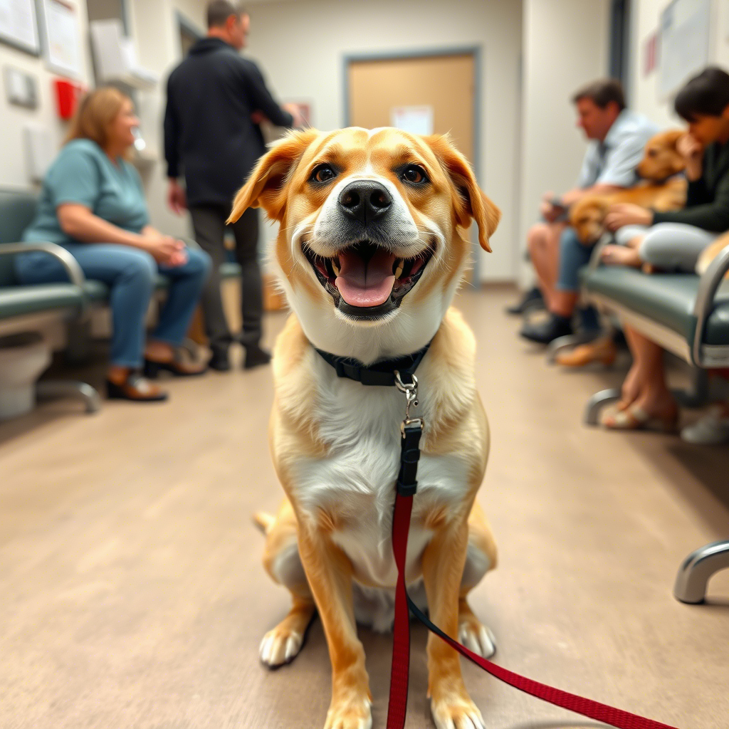 Собака спокойно сидит на поводке, ожидая своей очереди.