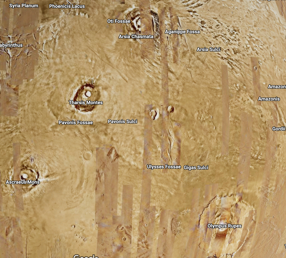 Olympus Rupes, Ascraeus Mons, Pavonis Forsae, Arsia Sulc