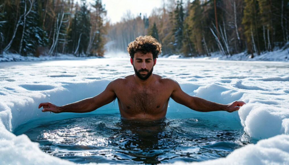 Мужик купается в прорубе