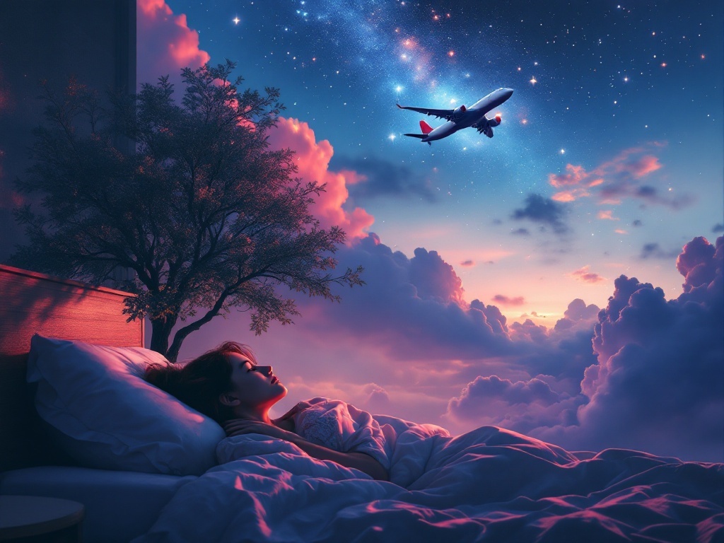    К чему такое снится: На картине изображён гражданский самолёт, выполняющий сложные манёвры в небе: виражи, подъёмы и спуски. Внизу под деревом скрывается женщина, наблюдающая за самолёто