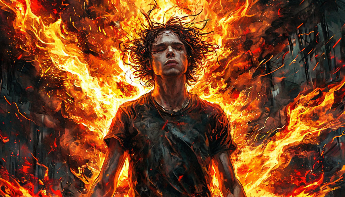 Сидит на скамейке в парке, и вдруг его одежда начинает дымиться, а затем вспыхивает огнём