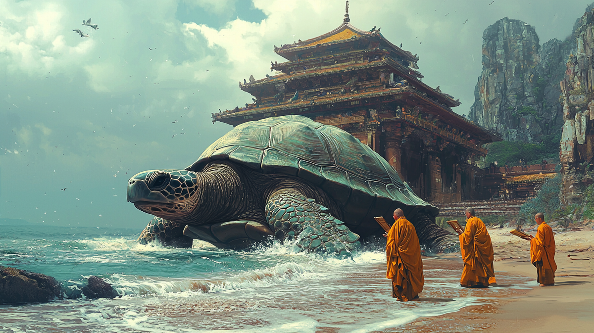 Черепаха жила у берегов древнего храма, где монахи каждое утро играли священные мелодии. 