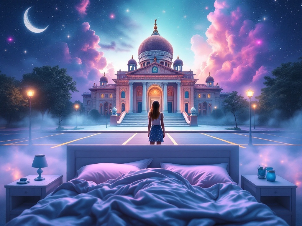    К чему такое снится: Я бы нарисовал женщину, стоящую перед храмом и оглядывающуюся по сторонам в поисках машины. Рядом с храмом видны пустые парковочные места, подчеркивающие отсутствие