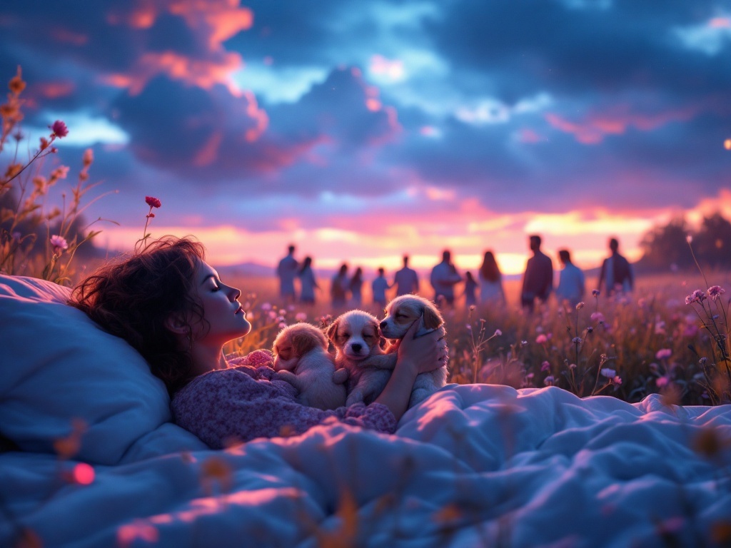    К чему такое снится: На картине изображено поле, где женщина держит щенков на руках и лечит их из чемодана с лекарствами. Вокруг неё стоят близкие люди, наблюдающие за происходящим.