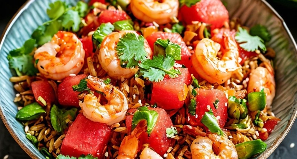 Тайский салат с арбузом, креветками и кинзой