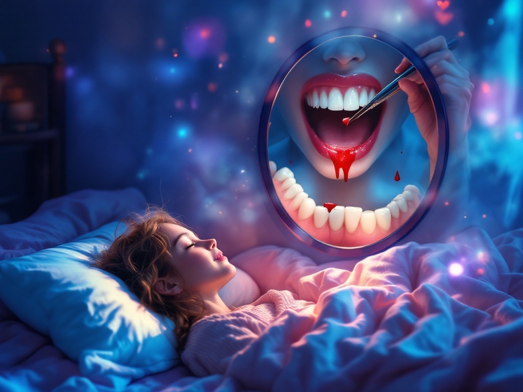    К чему такое снится: На картине изображен человек перед зеркалом, вытаскивающий себе зуб пинцетом. В открытом рту видны другие зубы на месте вырванного. На зеркале несколько капель крови