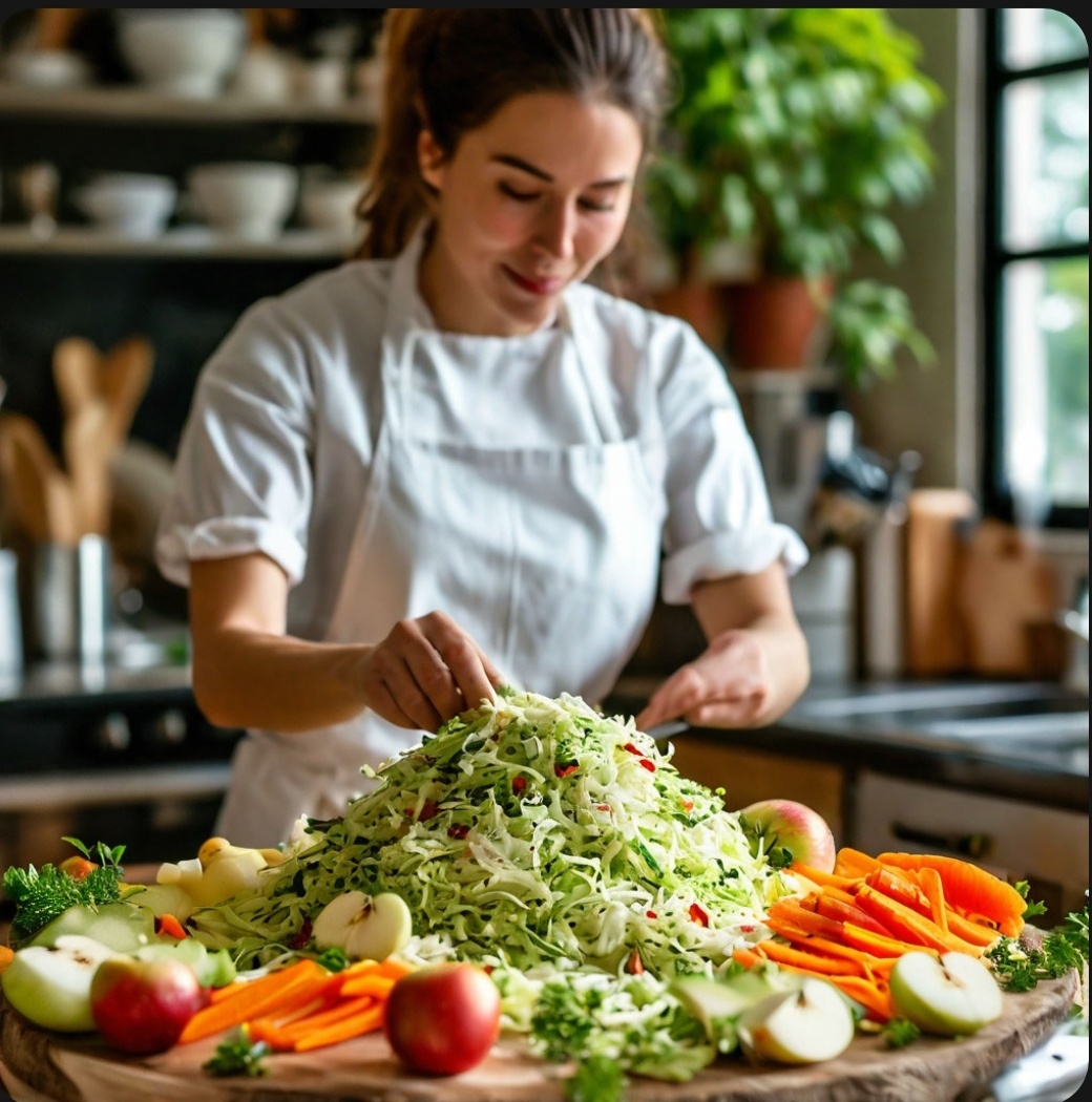 Картинка сгенерирована нейросетью Шедеврум по запросу автора "приготовление салата из капусты, моркови и яблок".