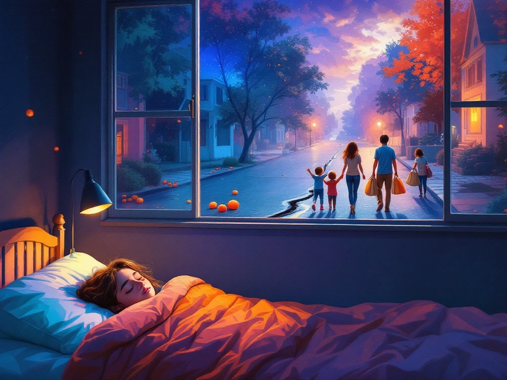    К чему такое снится: На картине я изобразил комнату с большими окнами, через которые видна улица с трещиной на асфальте. В комнате стоят дети с родителями, они держат в руках абрикосовые