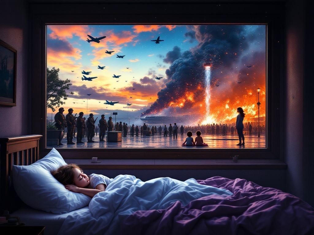    К чему такое снится: На картине изображена напряженная сцена на площади. Женщина, стоящая у кранов с кипятком, выпускает горячую воду на рядом стоящих военных. В небе видны военные самол