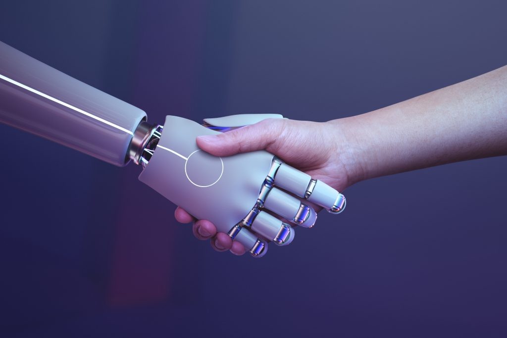    Robot handshake human background, futuristic digital age Александра Бройтман