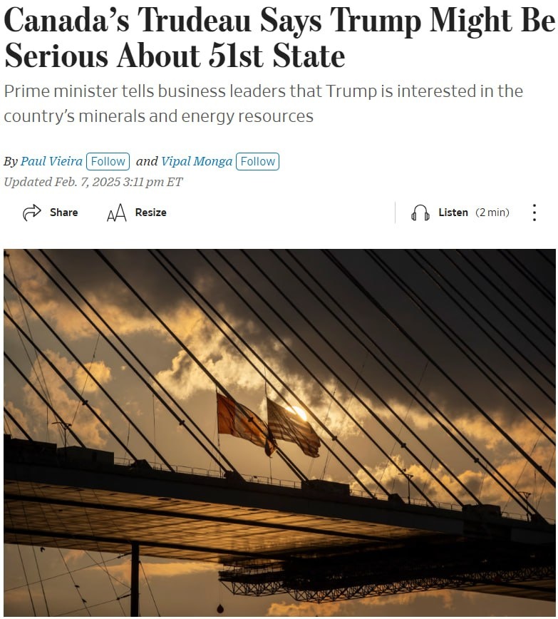Премьер-министр Канады Трюдо боится, что Трамп не шутит, когда говорит о присоединении Канады к США.На встрече с канадскими бизнесменами он заявил, что Трамп хочет контролировать природные богатства Канады.Трюдо сказал, что Трамп и его помощники знают о ресурсах Канады и хотят их использовать.По словам Трюдо, Трамп считает, что самый простой способ это сделать — присоединить Канаду к США.Лидеры Канады снова осудили угрозы Трампа и отказались присоединяться к США.