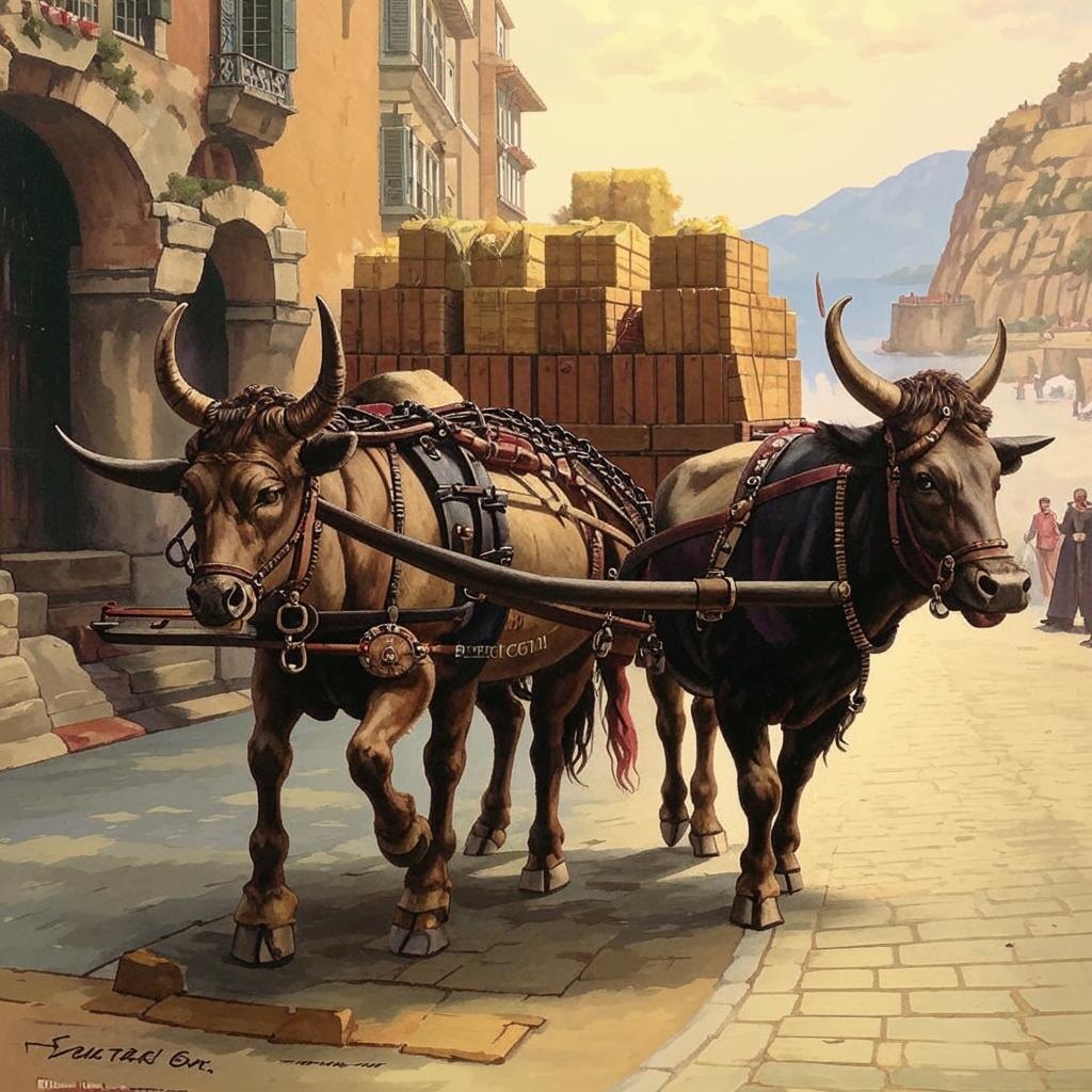 Товар с ремесленной мастерской в генуэзской республике, в средние века,  едет на бызар