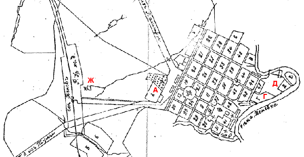 План города Венева, 1905. Буквами обозначены: А) кладбище Русское и Еврейское; Б) три огорода; В) Земская больница; Г) Городской сад и летний клуб; Д) Винокуренный завод; Е) остров на реке Веневке с водяной мельницей; Ж) керосиновый и нефтяной склад и склады красного строительного и дубового леса.