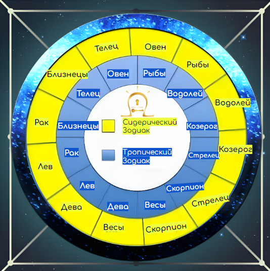 Тропический Зодиак — фиксирован относительно времен года. Начало отсчета — точка весеннего равноденствия (когда день равен ночи). Данный Зодиак не соответствуют фактическому положению созвездий. Сидерический зодиак — это фактическое положение созвездий на небе. Из-за прецессии земной оси точка весеннего равноденствия медленно смещается по сидерическому Зодиаку, совершая полный оборот примерно за 26 000 лет. Поэтому сидерический и тропический Зодиаки постепенно  расходятся.