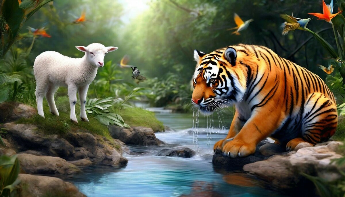 Шедеврум. Райский рад, весна, райские птички летают, журчат ручейки,тигренок слева и ягненок справа, пьют воду из ручейка, крупным планом.неземная красота.высокое разрешение. высокая детализация. 3d.Гиперреализм.
v.1.3