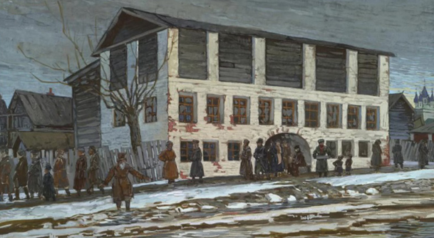 Кузнецов А. "Реконструктивный эскиз старого набойного корпуса в селе Иванове", 1927.