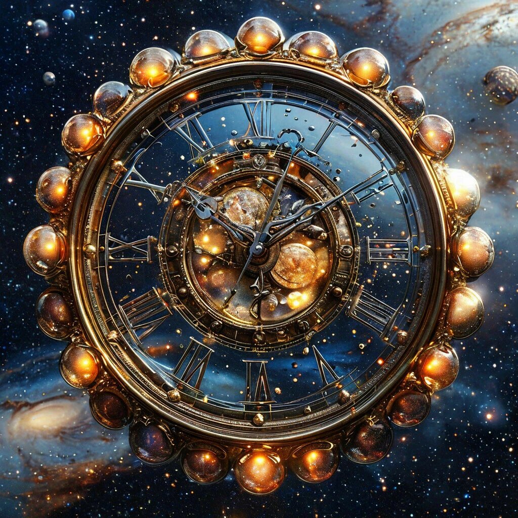 Шедеврум. Время -часы -циферблат из галактик в 3D прозрачных шарах, Сотворения Мира, 5D, эстетично, фэнтэзи